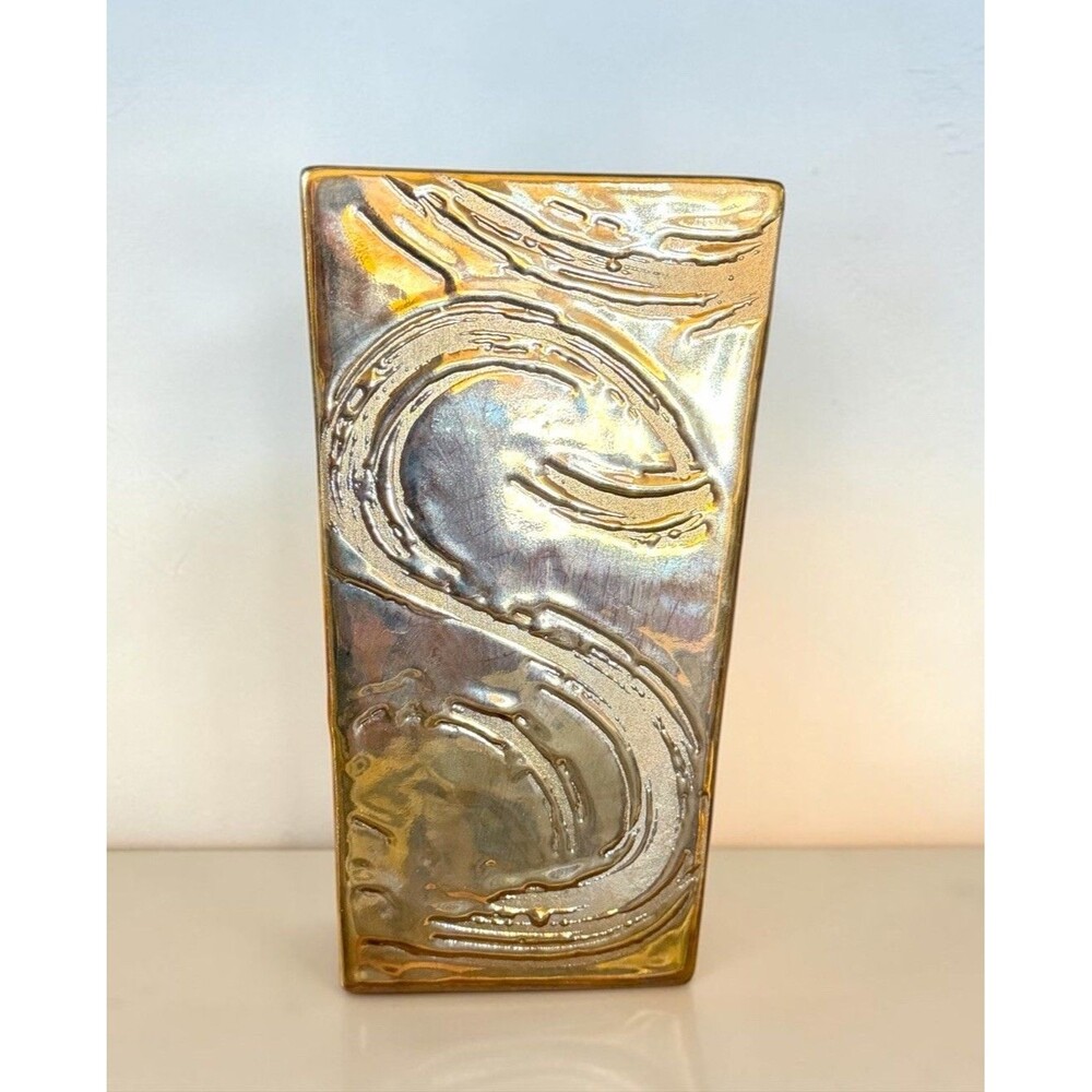 Vtg Swetye Pottery of Salem Ohio Weeping Gold Drip Ceramic Vase Swirl Square 9”